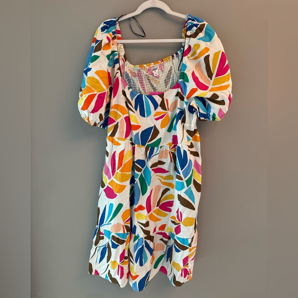 Tabitha White Cotton Dress with Multicolor Leaf Print